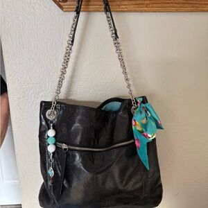 Coach Black Leather Shoulder Bag with Teal Scarf